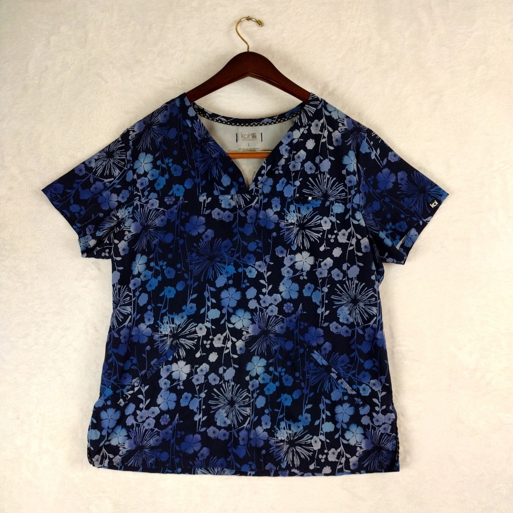 Koi Blue Floral V-Neck Scrub Top Medical Uniform Short Sleeve Large RN 121336